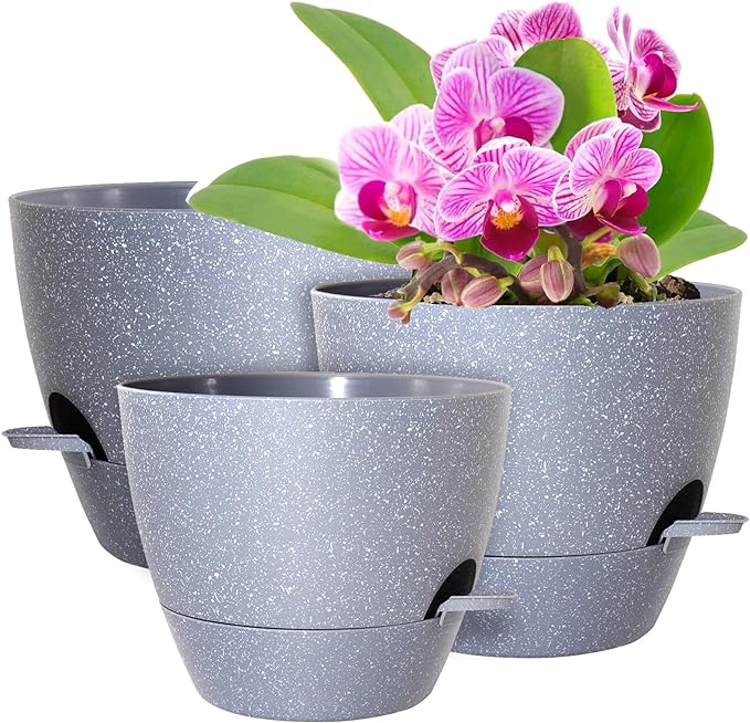 WSMKSZ Big Self Watering Pots 12/10/9 inch, Planter, Plant Pots with Mesh Drainage Holes for Indoor Outdoor Garden Plants, Plastic Flower Pots with Removable Deep Reservoir, Speckled Grey