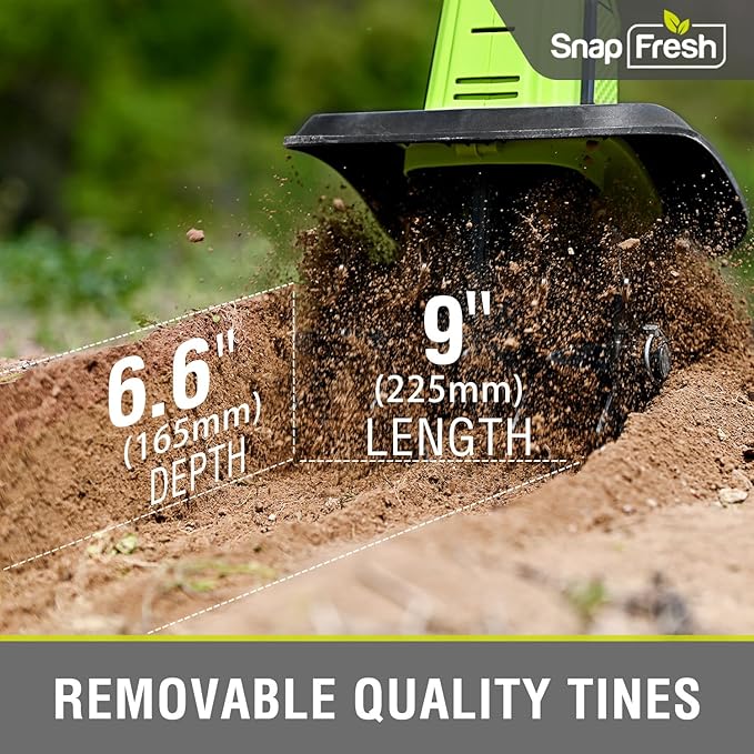 SnapFresh 20V Cordless Tiller Cultivator, 4.0Ah Battery & Fast Charger Included, 300 RPM Electric Garden Rototiller, 9” Width 6.6” Depth, 3-Speed Lightweight Handheld Soil Tiller with Steel Tines