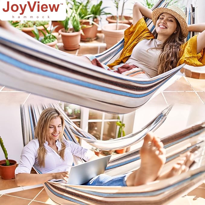 JoyView Brazilian Hammock for Single Person Portable Hammock with Hanging Ropes & Carry Bag Large 78.8x39.4” for Patio 300LBS Capacity Perfect for Outdoor/Indoor - Blue & Green Stripes
