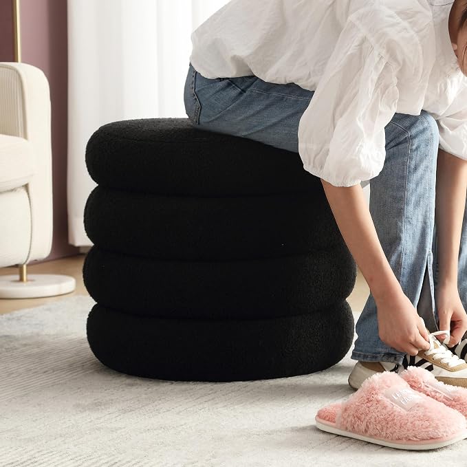 Flouki 19.5" Storage Ottoman Round, Vanity Stools for Bedroom, Entryway Ottoman for Console Table, Ottoman Stool for Girls Women, Foot Stool for Living Room Set of 2, Sherpa Black