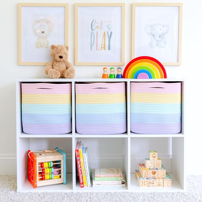 NaturalCozy Storage Cubes 11 Inch Cotton Rope Woven Baskets for Organizing, 3-Pack | Cube Storage Bin | Square Storage Baskets for Shelves Organizer, Classroom, Kids Toy Bins, Closet, Baby Nursery