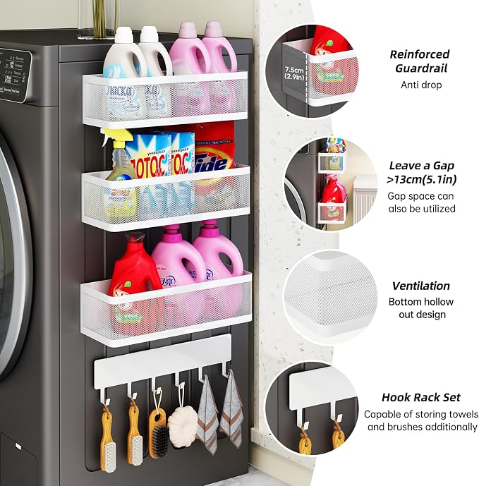 4 Pack Magnetic Baskets with Hook Rack, Magnetic Laundry Organizer