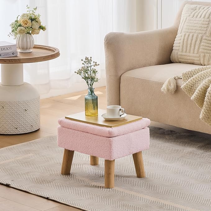 Storage Ottoman, Small Foot Stool Ottoman with Storage, Teddy Velvet Foot Rest with Wood Legs, Footstool for Living Room, Bedroom, Entryway, Pink
