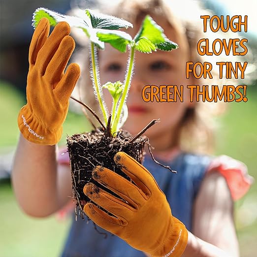 HANDLANDY Kids Genuine Leather Gardening Gloves for age 2-9, Children Work Gloves for Boys, Girls, Toddlers (Orange, S)