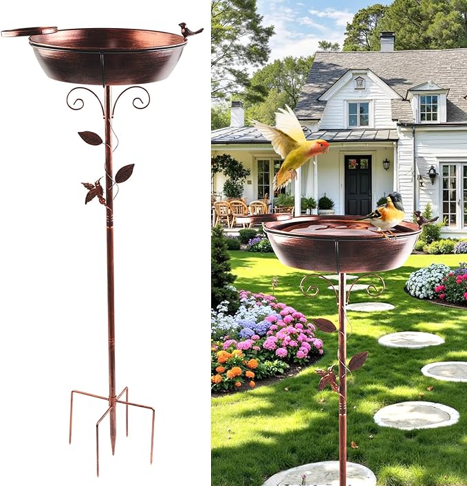 3" Deep 40" Tall Metal Bird Bath for Outdoors, 13" Dia 2-in-1 Removable Bird Baths Feeder Water Bowl, Vintage Standing Birdbaths with Stable Stake for Garden Yard Lawn Decor 1.5 Gallon