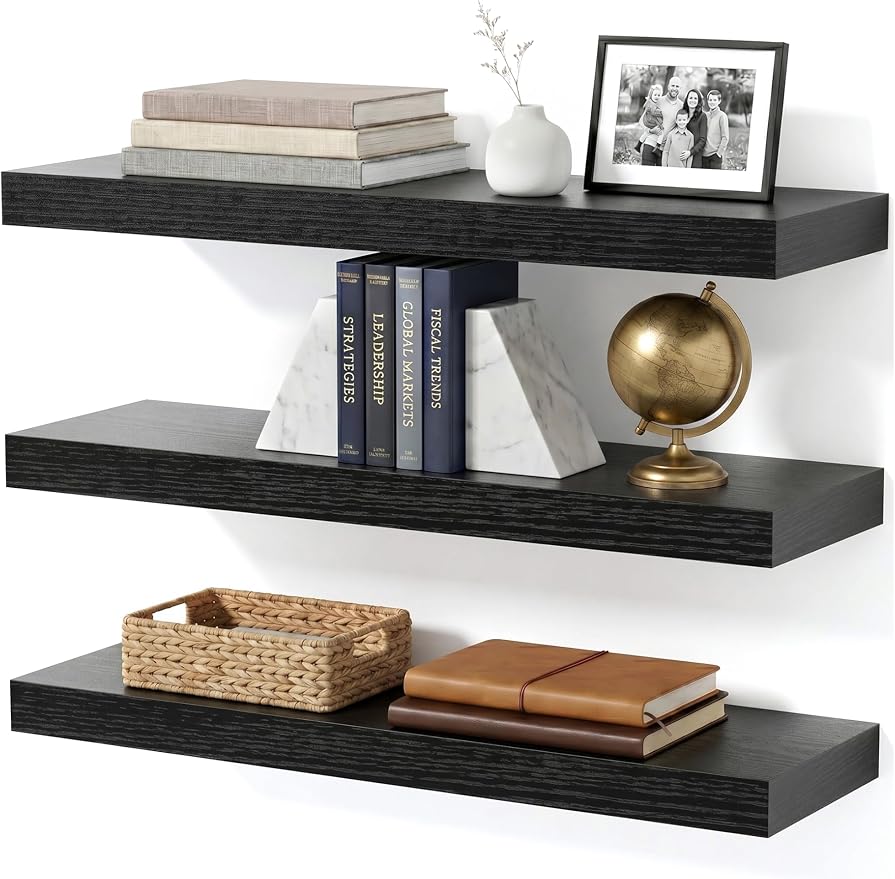 Black Modern Floating Shelves for Wall, 24 Inch Long Shelf Set of 3 | Wooden Storage Shelves, Over Toilet, Wood Grain Finish, 33lbs Max Load, Hidden Brackets, Easy Install, Bedroom Living Room