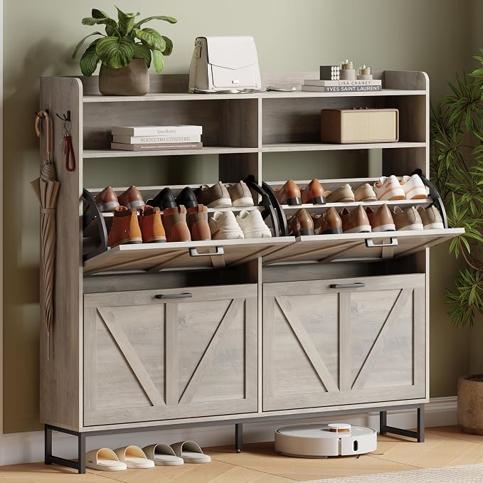 Xixini Shoe Storage Cabinet with 4 Flip Drawers, Entryway Shoe Rack, Grey