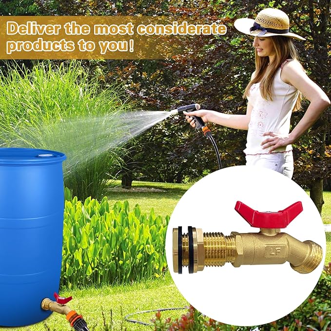 Rain Barrel Spigot Kit 3/4" GHT Brass Garden Hose Valve+Brass Garden Hose Bulkhead Fitting for Rain Barrels Aquariums Water Tanks Tubs Pools Spigot