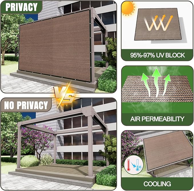 12'x 16' Sun Shade Cloth with Bungee Balls, Mocha Outdoor Pergola Shade Cover with Grommets, 90% UV Block Privacy Screen for Patio, Garden, Backyard