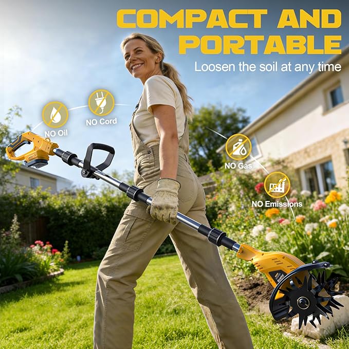 Cordless Tiller Cultivator Compatible with Dewalt 20V Battery(Tool Only), 450RPM Electric Tiller for Gardening, 9"x6.3" Tilling, 48 Reinforced Steel Tines Rototiller for Lawn/Soil Cultivation
