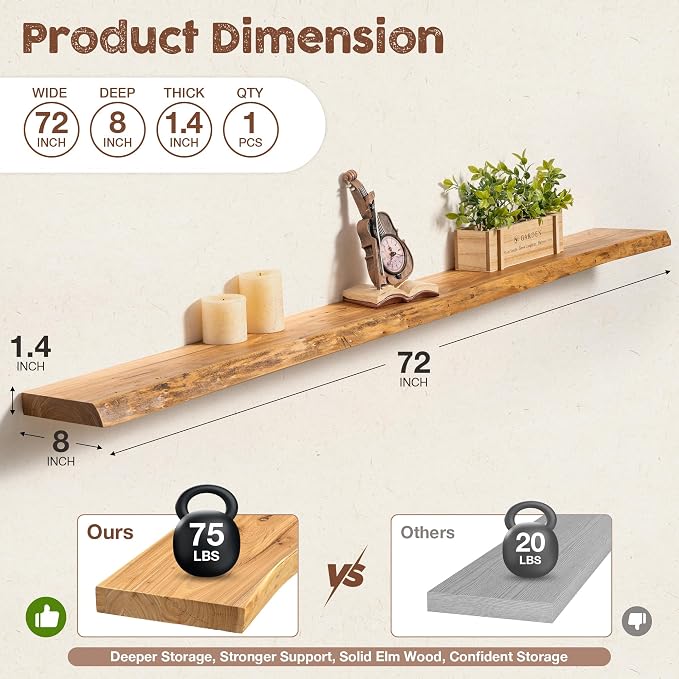 fuqing Live Edge Floating Shelves for Wall, 72 Inch Solid Elm Wood Shelves