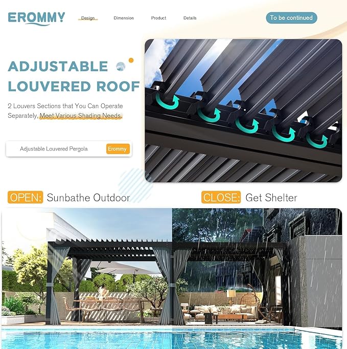 EROMMY Louvered Pergola 12x20, Outdoor Aluminum Pergola with Adjustable Rainproof Roof for Garden, Patio, Deck, Waterproof Curtains and Netting Included, Gray-Black