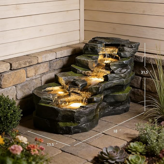 Sunlinua Garden Water Fountain Outdoor Feature, 5-Tier Rock Water Fall Fountains, Natural Waterfall Outdoor Fountains with Pump, LED Lights for Patio, Porch, Home Art Decor, 18 inch Length