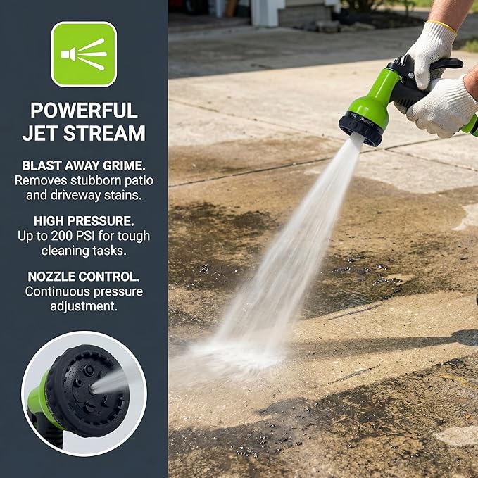 Garden Hose Nozzle Sprayer– this high heavy-duty spray nozzle offer 9 watering patterns for watering plants, lawns & gardens, washing cars, household (Green Dark)