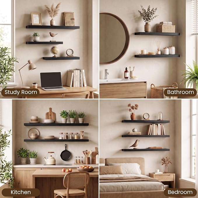 Acovy 8in Square Floating Shelves 4 PCs, Wall Mounted Display Shelf, Black | Invisible Brackets, 15lb MDF, 8x8in Square, Easy Install, For Bedroom, Bathroom, Living Room, Kitchen & Office