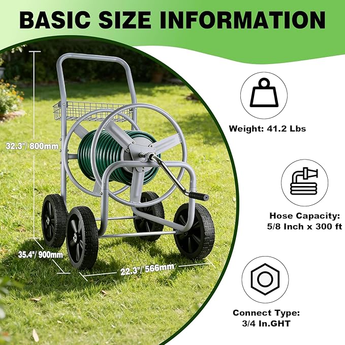 Hose Reel Cart, 250 FT of 5/8’’ Hose, Heavy-Duty Water Hose Cart with 4 Wheels, Storage Basket, Portable Water Hose Organizer for Outside Yard, Outdoor Planting Tool (Sliver)