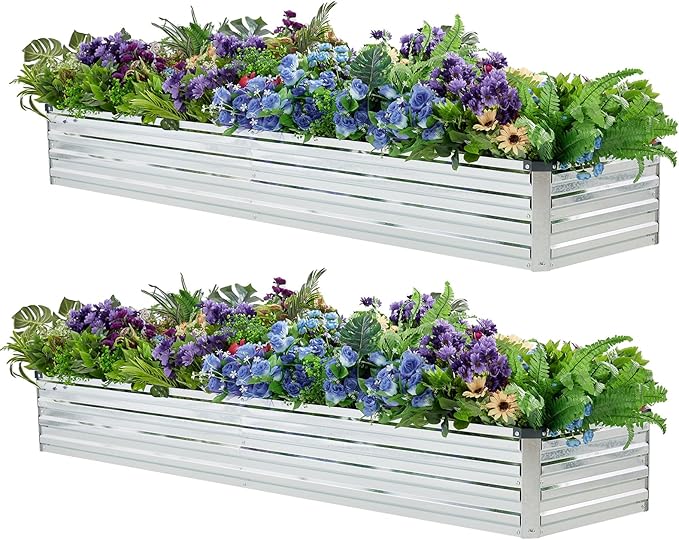Meberam 2 Pack 6x1.5x1FT Galvanized Raised Garden Bed Kit, Outdoor Metal Planter Box for Vegetables, Bottomless Rectangular Gardening Bed with Support Rods, Tool-Free Assembly, Silver