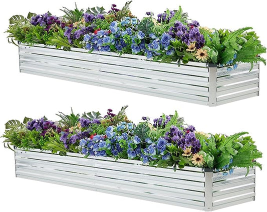 Meberam 2 Pack 6x1.5x1FT Galvanized Raised Garden Bed Kit, Outdoor Metal Planter Box for Vegetables, Bottomless Rectangular Gardening Bed with Support Rods, Tool-Free Assembly, Silver
