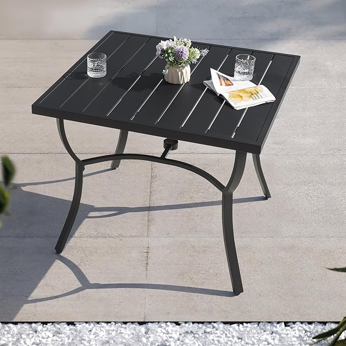 NUU GARDEN 36" Aluminum Slat Top Outdoor Patio Dining Table, 4 Person Square Aluminum Bistro Table with 1.97" Umbrella Hole, Powder Coated Frame Dining Tables for Lawn, Garden and Balcony, Black
