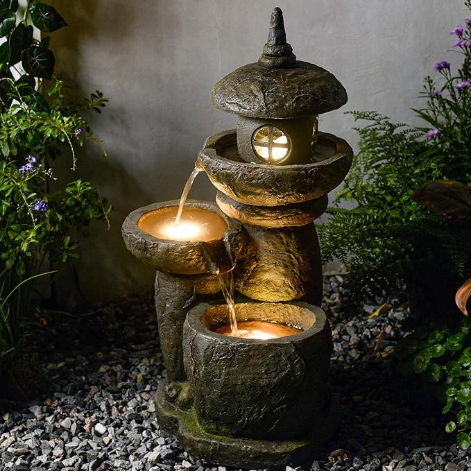 Tankana 32 inches Water Fountain Outdoor Pagoda Japaness Zen Water Fountains Garden Patio Freestanding Water Feature with LED Lights for Backyard Deck Porch Home Decor, Gray