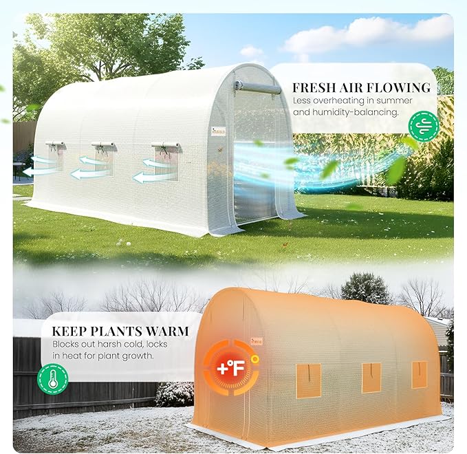 KING BIRD Premium 10x7x7 FT Greenhouse for Outdoors, Large Walk-in Heavy Duty Galvanized Steel Frame, Mesh Door Screen Window Tunnel Hoop Garden Plant Winter Hot House with Irrigation Kit, White