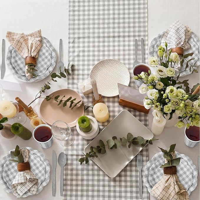 Funnymoom 400 Pcs Gingham Party Supplies for 50 Guests Gray and White Paper Plates and Napkins Knives Spoons Forks Cups Disposable Checkered Dinner Party Set Cutlery for Baby Shower Wedding Favor