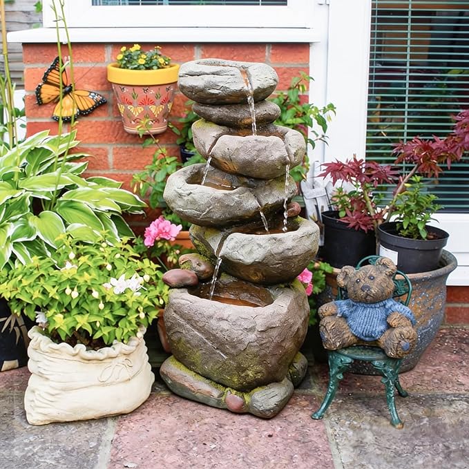 Bumilgar 27.8" H Outdoor Water Fountain with LED Lights, 5-Tier Cascading Stone Waterfall Fountain, Natural Rock Resin Outdoor Water Fountain for Garden Patio Backyard Porch Indoor Decor