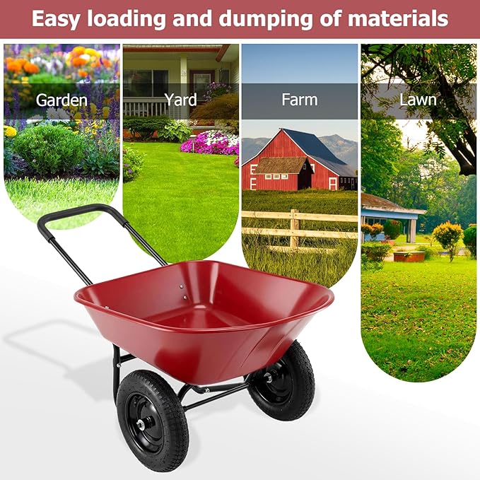 ERGOMASTER Dual-Wheel Wheelbarrow, Home Utility Garden Cart, Large Heavy Duty Yard Cart for Gardening (Red)