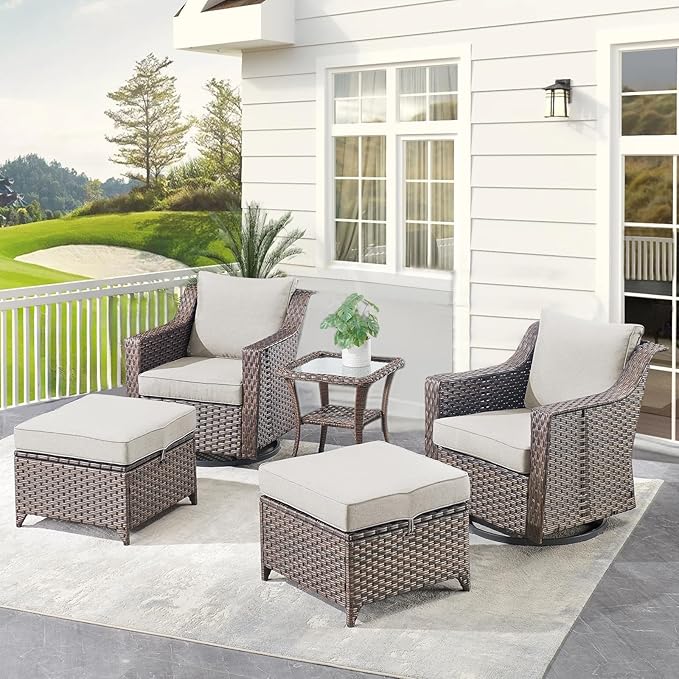 Outdoor Wicker Patio Furniture Set - 5 Piece Outside Rattan Conversation Bistro Dining Chair Sets with Rocking Swivel Chairs, Ottomans and Side Table for Porch Yard Balcony – Brown/Beige