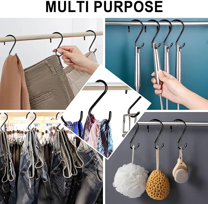 DINGEE 24 Pack Heavy Duty S Hooks, Non Slip Rubber Coated, 7mm Thick Metal Black S Hooks for Hanging Plants, Closet, Bird Feeders, Kitchen, Large Objects, Tools, Bikes