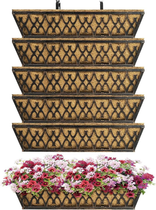 6 Pack 24 Inch Window Boxes Planters Railing Planter Box with Adjustable Brackets for Porch Fence Patio Balcony Hanging Flower Baskets with Coco Liners for Outdoor Garden Decor - Bronze