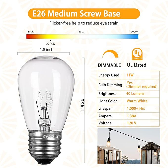 S14 Incandescent Edison Light Bulbs - 11W Vintage Clear Glass Bulbs with E26 Medium Screw‐Base, Warm Filament Replacement Bulbs for Outdoor Patio Garden String Lights, 20 Pack