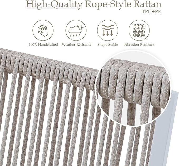Outdoor Patio Wicker Rattan Dining Chairs, Heavy-Duty Wrought Iron Frame Supports 300lbs, Ergonomic Backrest, Detachable Breathable Cushion, for Garden & Porch, White, Set of 8