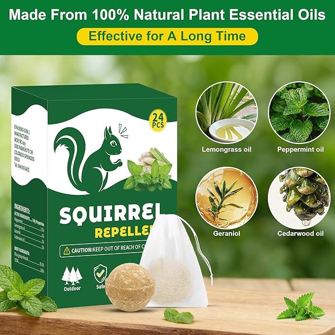 24 Pcs Squirrel & Rodent Repellent for Outdoor Cars Garden Garage, Keep Squirrel, Chipmunk, Raccoon, Skunk, Mouse Out from Plants Bird Feeder