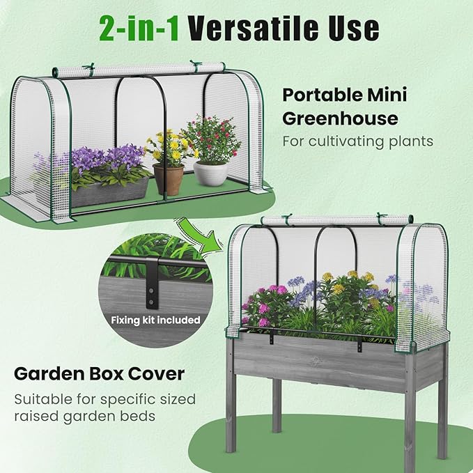 Giantex Raised Garden Bed with Cover, Wood Elevated Planter Box with Legs & Mini Greenhouse, Waterproof Sun-Protective PE Green House Cover, Outdoor Use for Fruit Vegetable Flower Herb (White+Gray)
