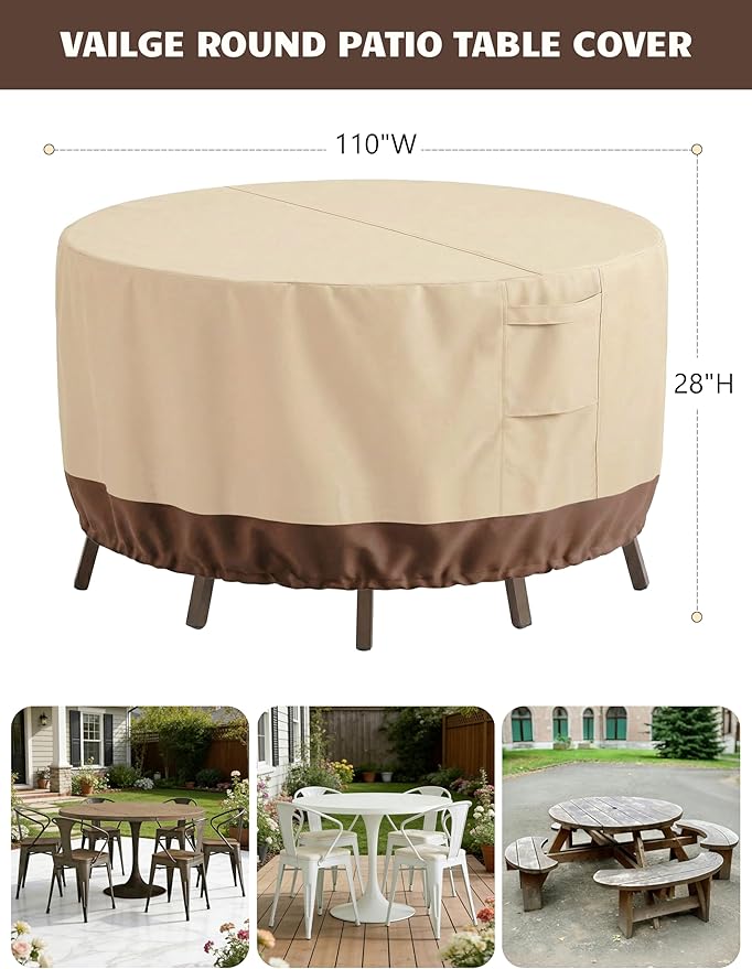 Vailge Patio Furniture Covers Round, Outdoor Furniture Covers Waterproof Windproof, 600D Oxford Outdoor Patio Table and Chair Cover(Beige&brown, 110"DIAx28"H)