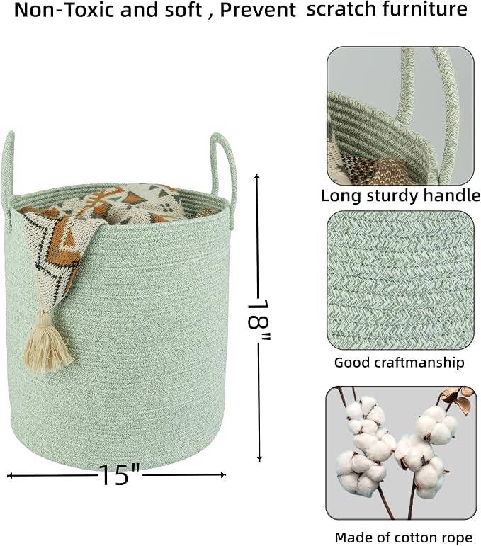 XUANGUO Cotton Rope Laundry Basket Hamper for Clothes, green