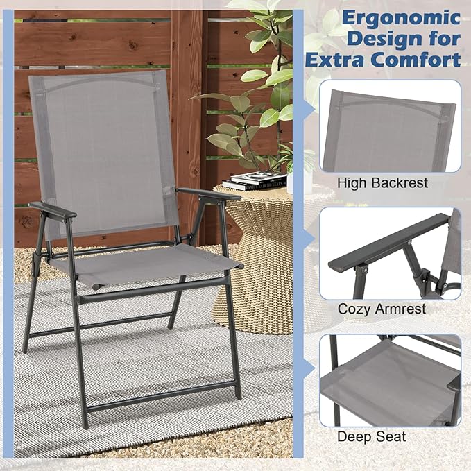 Tangkula Set of 2 Patio Folding Chairs, High Back Dining Chairs with Weather-Resistant Fabric, No Assembly, Outdoor Portable Metal Lawn Chairs with Armrests & Footrest for Garden