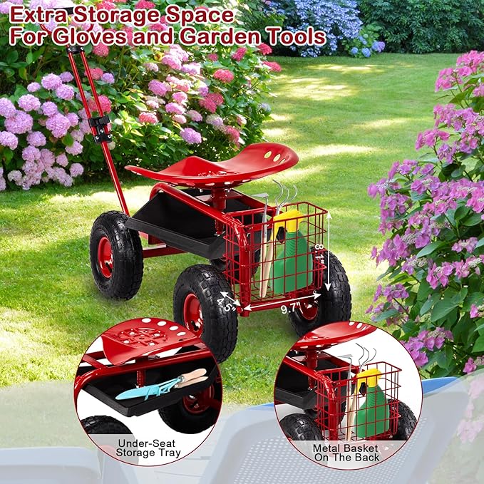 VINGLI Garden Cart with Rolling Seat, Wheels, Adjustable Steering Handle & Utility Tool Tray, Planting Wagon Scooter, Gardening Tool for Senior, for Patio, Backyard, Lawn & Outdoor (red)
