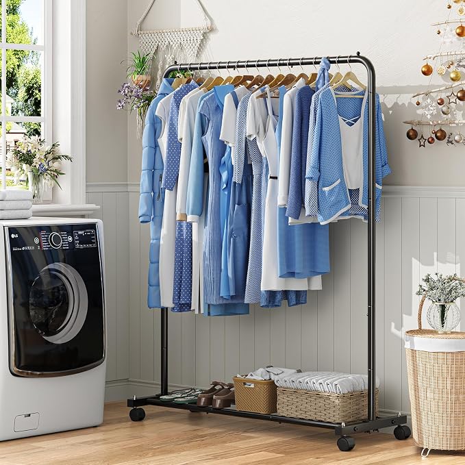 Simple Trending Clothing Rack for Hanging clothes, Portable Garment Rack with Bottom Shelf, Metal Clothes Rack on Wheels for Bedroom, Laundry Room, Black (Pack of 3)