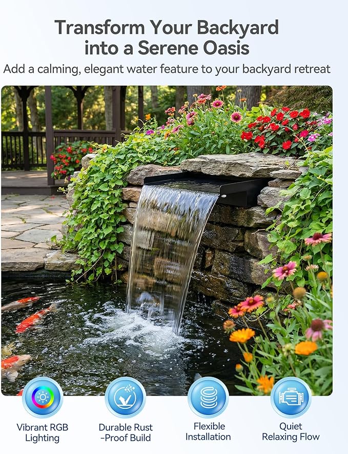 POPOSOAP Pond Waterfall Kit with Colorful LED Lights & 1200GPH Pond Pump, APP & Remote Control, Auto Timer, Pond Waterfall Spillway with 9.8FT Corrugated Tube for Pool, Garden, Patio, Backyard-P46D