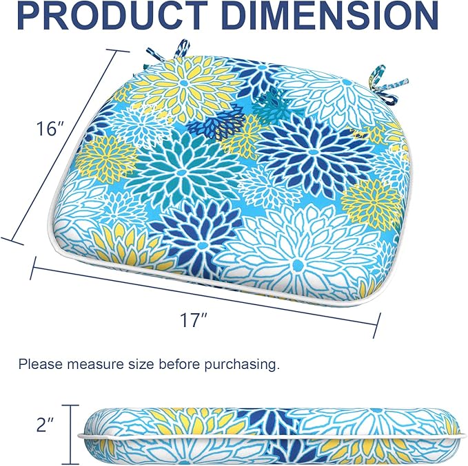 Outdoor Chair Cushions Set of 2, Water Resistant Patio Chair Pads with Ties, Seat Cushions for Home Garden Furniture Decoration, 16"x17", Dahlia Blue