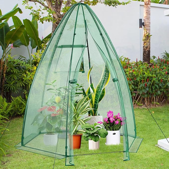 Happygrill Portable Mini Greenhouse, Garden Green House W/Roll-up Zipper Door and Window, Windproof PE Cover, 9 Ground Stakes & 4 Windproof Ropes, Indoor and Outdoor Greenhouse for Backyard