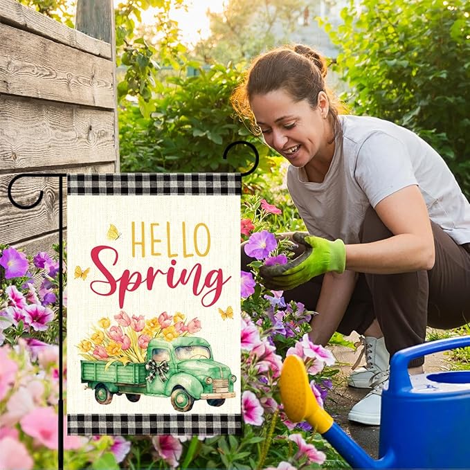 Hello Spring Flags for Outside,Buffalo Plaid Floral Truck Garden Flag for Yard Patio Lawn Decoration,12x18 Inch Double Sided