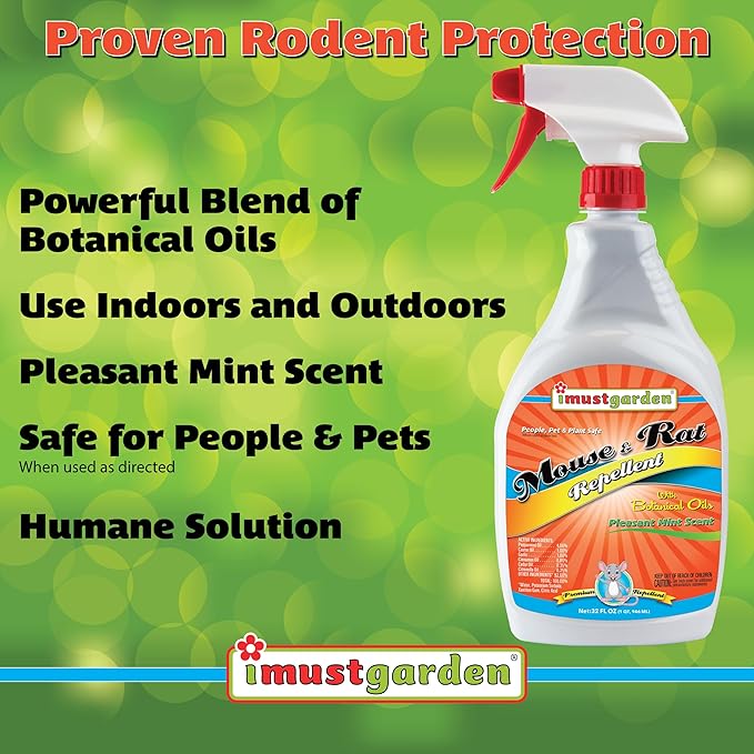 I Must Garden Mouse & Rat Boosted Rodent Repellent Spray – Powerful Peppermint Oil Plus Additional Plant-Based Ingredients for Strong, Natural Protection - Large 32oz Size - Indoor/Outdoor/Vehicle