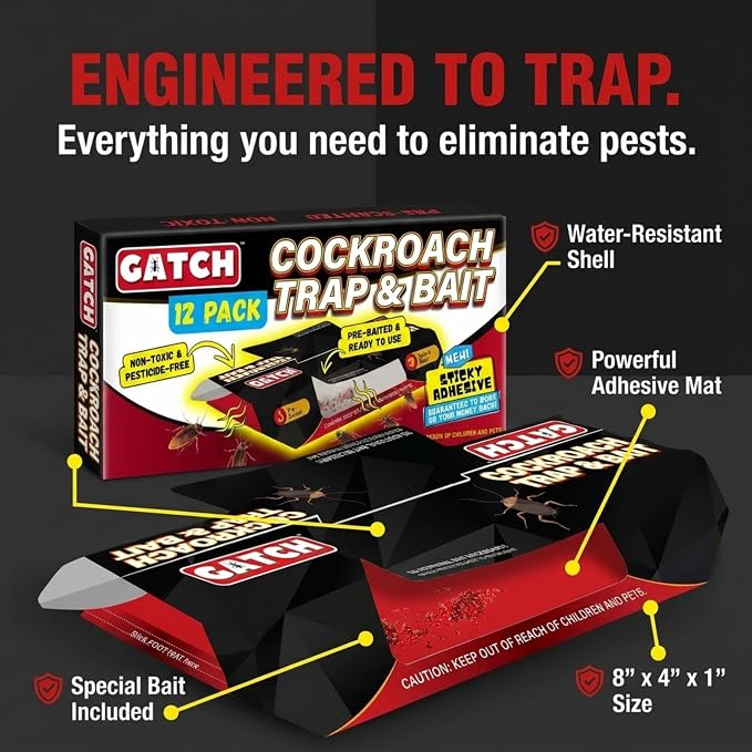 GATCH Roach Traps Indoor (12 Pack), Sticky Baited Cockroach Traps, Roach Killer Indoor Infestation, Adhesvie Glue Traps for Roaches, Insects, Home Bug Ant Spider Cricket, Child & Pet Friendly
