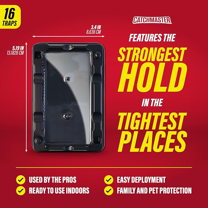 Catchmaster-16 Mouse & Insect Glue Traps, Heavy-Duty Pesticide-Free Sticky Mouse Traps Indoor for Home, Used by the PROs, Adhesive Rodent & Bug Catcher, Pest Control for House & Garage
