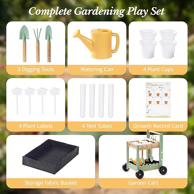 ROBOTIME Kids Gardening Tools with Cart Wheelbarrow - Wooden Outdoor Garden Toys Set with Watering Can, Shovel, Hand Rake & Plant Labels, Outdoor Backyard Play Toys for Toddler Gift (Green)
