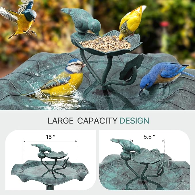 Athena Collection 35'' Height Bird Bath Vintage Pedestal Birdbath 5L Water Bird Fountain Polypropylene Lotus Accents Bird Bath Bowl Outdoor Decor 2 Tier Birdbath for Outside, Patio, Garden, Green
