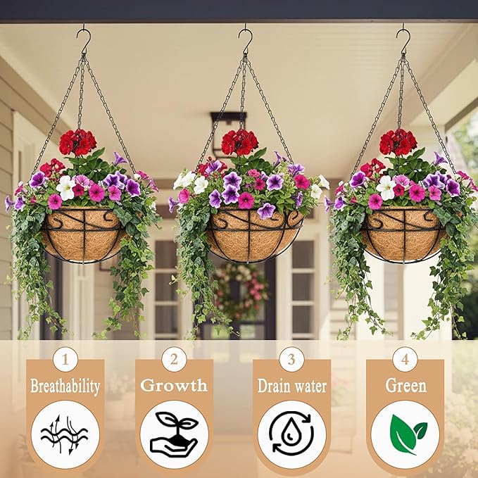 4 Pack 12" Round Metal Hanging Basket for Outdoor Plants Durable Large Hanging Planter with Coco Coir Round Plant Holders Planter for Outside Garden Decoration (Flower Border)